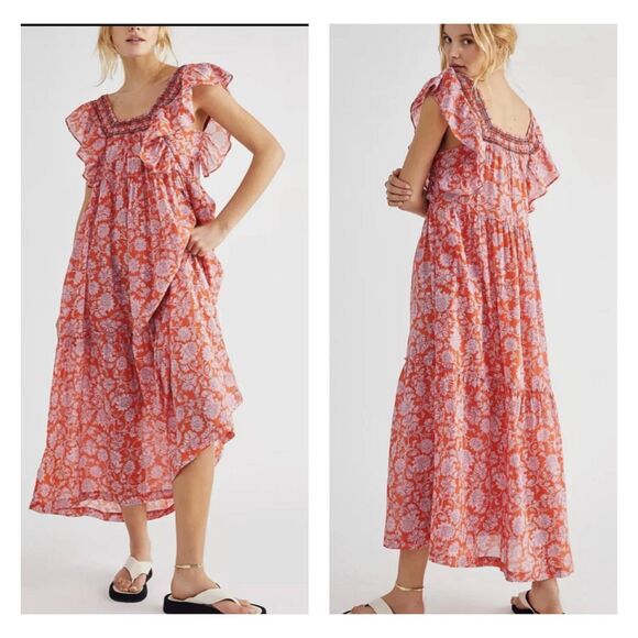 Free People Dresses & Skirts - FREE PEOPLE Bonita Floral Print Flutter Sleeve Midi Dress, Modal Slip, Sz M